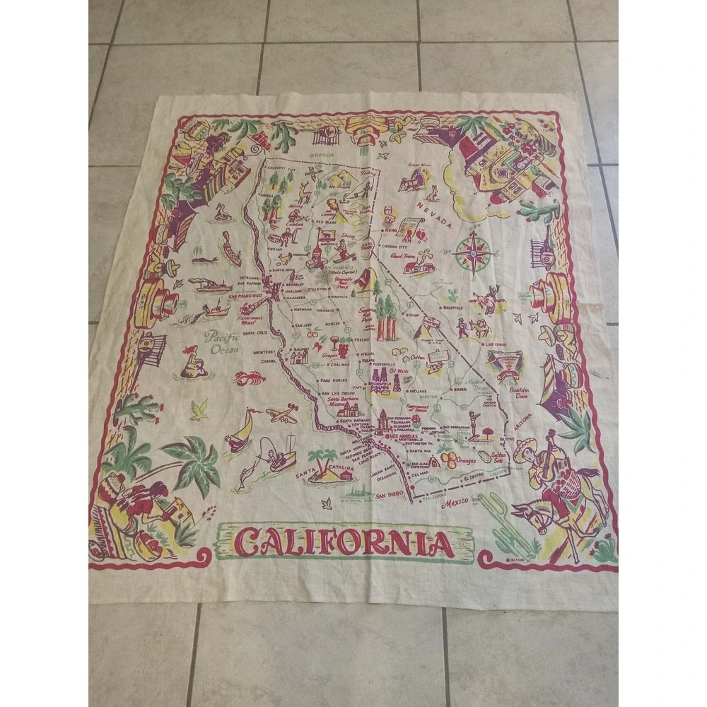 Vintage Sayers California State Map Souvenir Tablecloth Retro MCM Linen Blend